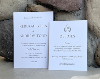 May include: Wedding invitation with white background and black text. The invitation announces the marriage of Rebekah Stein and Andrew Todd on the third of June 2023 at Casa Loma Ranch in Morgan Hill, California. The invitation also includes details about the wedding events, including cocktails, dinner, and dancing, and requests an RSVP by March 1, 2023.