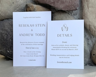 Letterpress Wedding Invitation Suite | Luxury style print Wedding Stationery | Letterpress Wedding Invitation and Details Card with Envelope