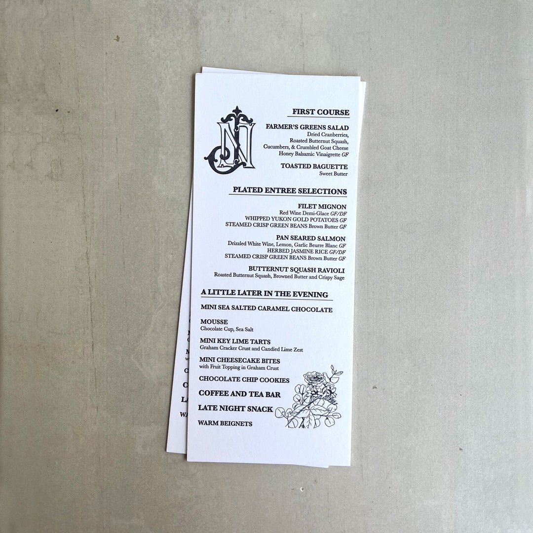 Sample - Custom Letterpress Reception Menu | Bespoke Formal Event Menu ...