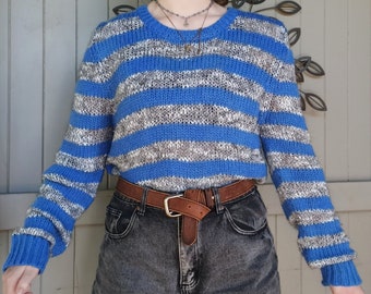 Maglione Witchery vintage taglia XL con cerniera in lana alpaca lavorata a maglia grossa a righe blu e grigie