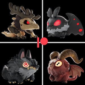 May include: Four small, detailed figurines of mythical creatures. A brown and tan deer-like creature with red eyes, a black moth with red eyes, a black wolf with red eyes, and a red devil with horns and wings.