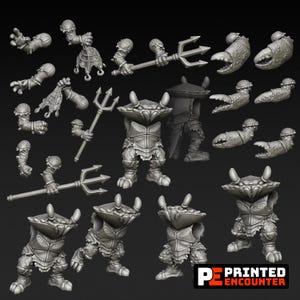 May include: A collection of unpainted gray resin miniature parts featuring crab-like humanoid torsos, various arms, claw attachments, and trident weapons. The set includes multiple modular components for assembly, with the text PE PRINTED ENCOUNTER.