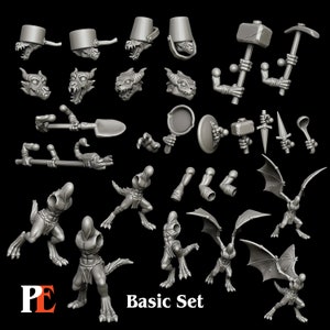 May include: A set of 3D printed miniature figurines, including a variety of creatures, weapons, and accessories. The set is labeled "Basic Set".