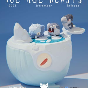 May include: A light blue, bowl-shaped display featuring the text ICE AGE BEASTS, 2025, December, Release. It holds three small, stylized animal figurines: a light blue mammoth, a grey saber-toothed cat, and a grey bird, set against a white icy landscape.