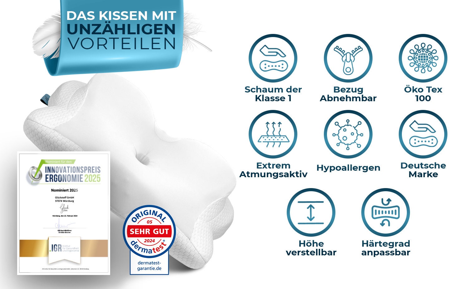 Glückstoff Oreiller Orthopédique Mousse Mémoire Ergonomique – Coussin Cervical Réglable Anti-Douleur Nuque