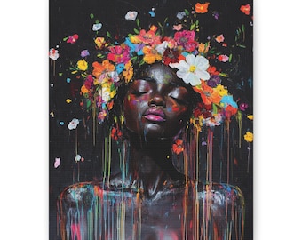 Afrocentric Flower Crown Canvas Art | Black Woman Portrait Wall Decor | Bold Colorful Painting | Melanin Magic Art Print | Ready to Hang