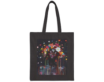 Black Art Reusable Tote Bag | Afrocentric Floral Paint Design | Shopping Grocery Bag | 100% Cotton Material