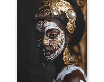 African Queen Canvas Wall Art | Tribal Face Paint Gold Crown Portrait | Afrocentric Royal Home Decor | Black Queen Print | Ready to Hang