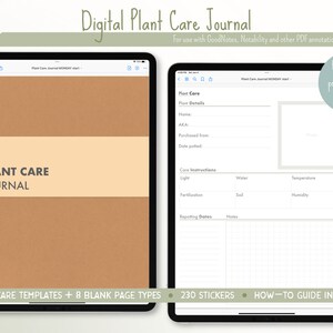 Op de afbeelding: Digitaal Plant Care Journal weergegeven op twee tablets. De linkertablet toont de cover met de tekst "Plant Care Journal". De rechtertablet toont een plantverzorgingssjabloon met secties voor plantdetails en verzorgingsinstructies. Inclusief 15 sjablonen, 230 stickers en een handleiding.