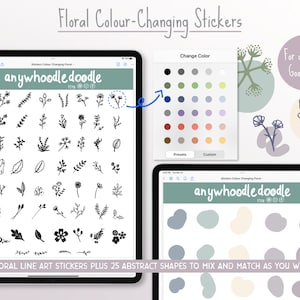 Könnte beinhalten: Ein digitaler Tablet-Bildschirm zeigt 60 florale Linien-Aufkleber und 25 abstrakte Formen. Die Aufkleber sind schwarzweiß und können mit der GoodNotes-App in Farbe angepasst werden. Der Text "anywhoodle doodle" ist auf dem Bildschirm sichtbar.