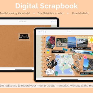 Könnte beinhalten: Zwei digitale Scrapbook-Vorlagen auf Tablets. Eines zeigt ein geschlossenes Scrapbook mit "DIGITAL SCRAPBOOK" auf dem Cover. Das andere zeigt ein Scrapbook mit Fotos, Aufklebern und dem Text "Summer fun times" und "Brewery Tour". Der Text lautet "Detailed how-to guide included".