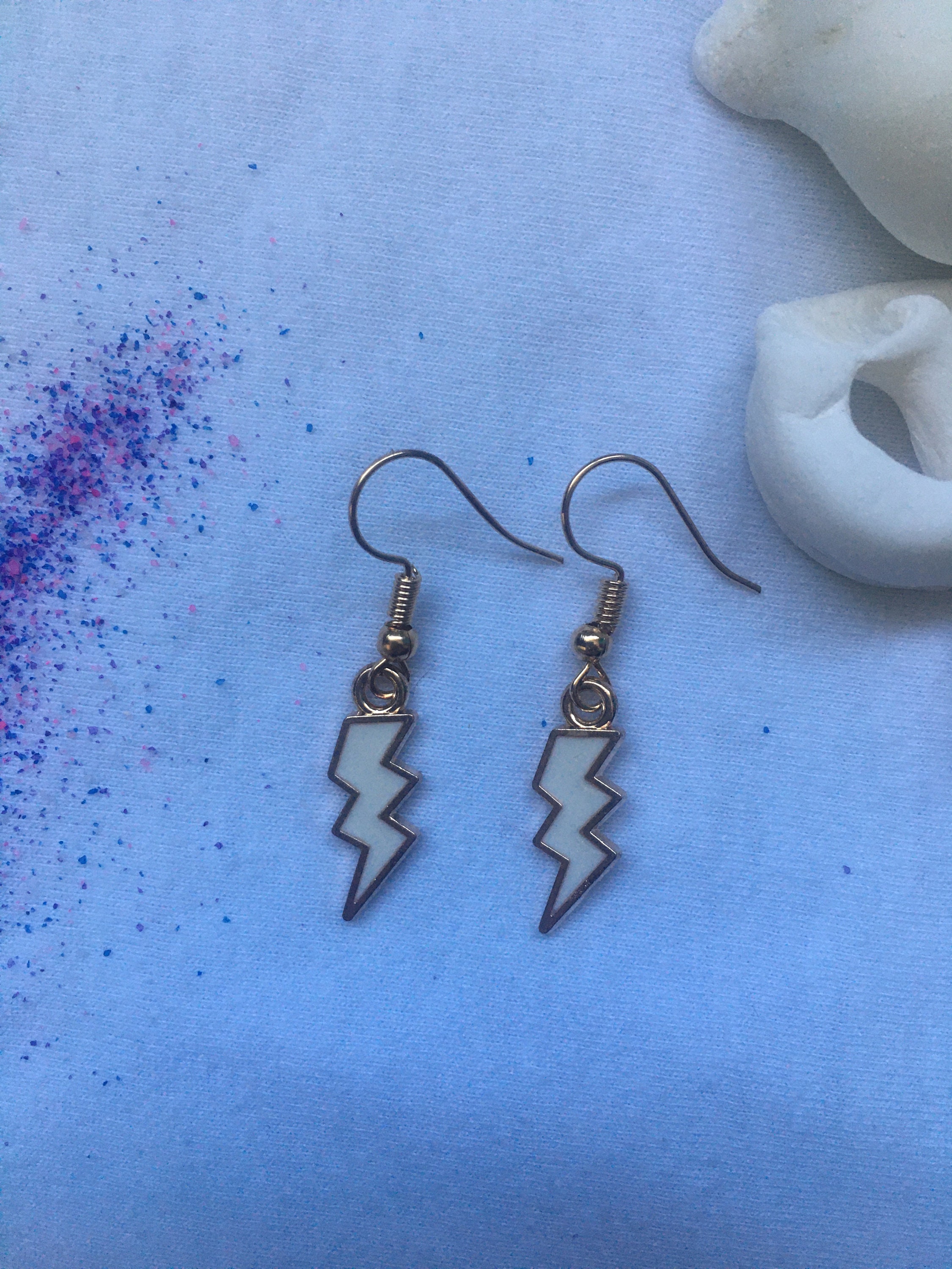 White Lightning Bolt Earrings Etsy