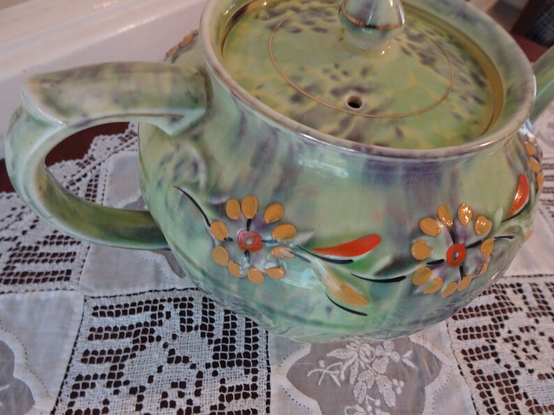 Vintage Teapot Mac Gibbons 1930's Made in England Hand Painted Green