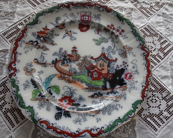 Antique Ashworth Bros Hanley 10 1/2 inch plate handpainted made in England Gaudy willow pattern