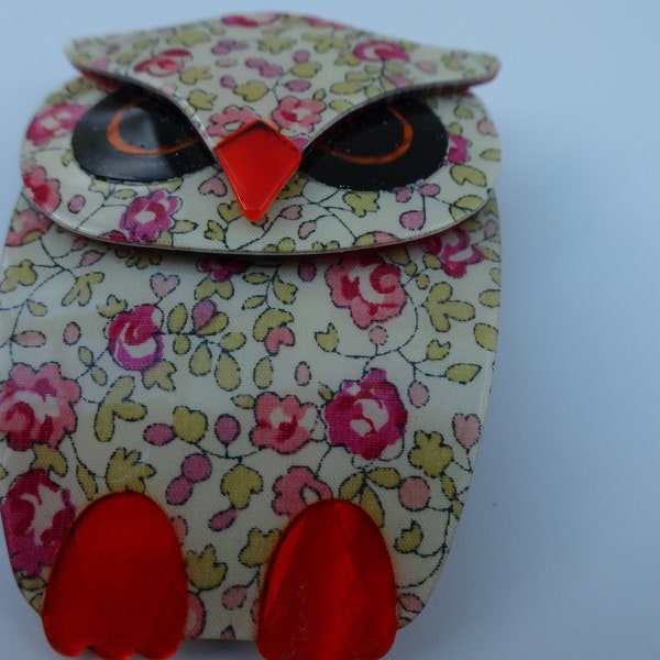 Vintage Lea Stein Owl Brooch Rose Pink Floral, Red Beak and Red Feet Large Size