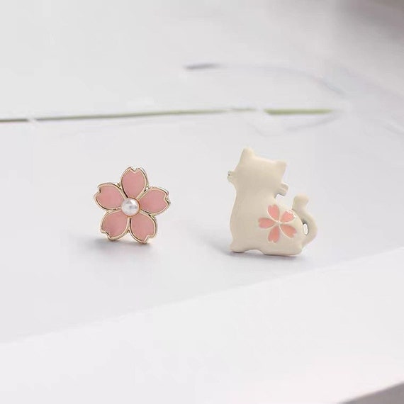 Japanese Style Cute Cat Cherry Blossom Sakura Asymmetric Earrings Stud with S925 Silver Needle
