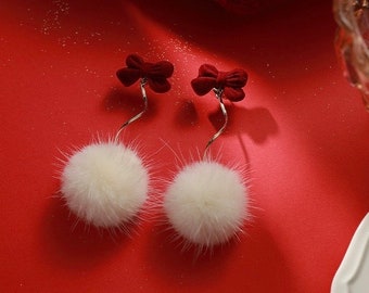 Christmas Santa Claus fluffy earrings 925 silver needle dangle drop earrings Christmas Gift