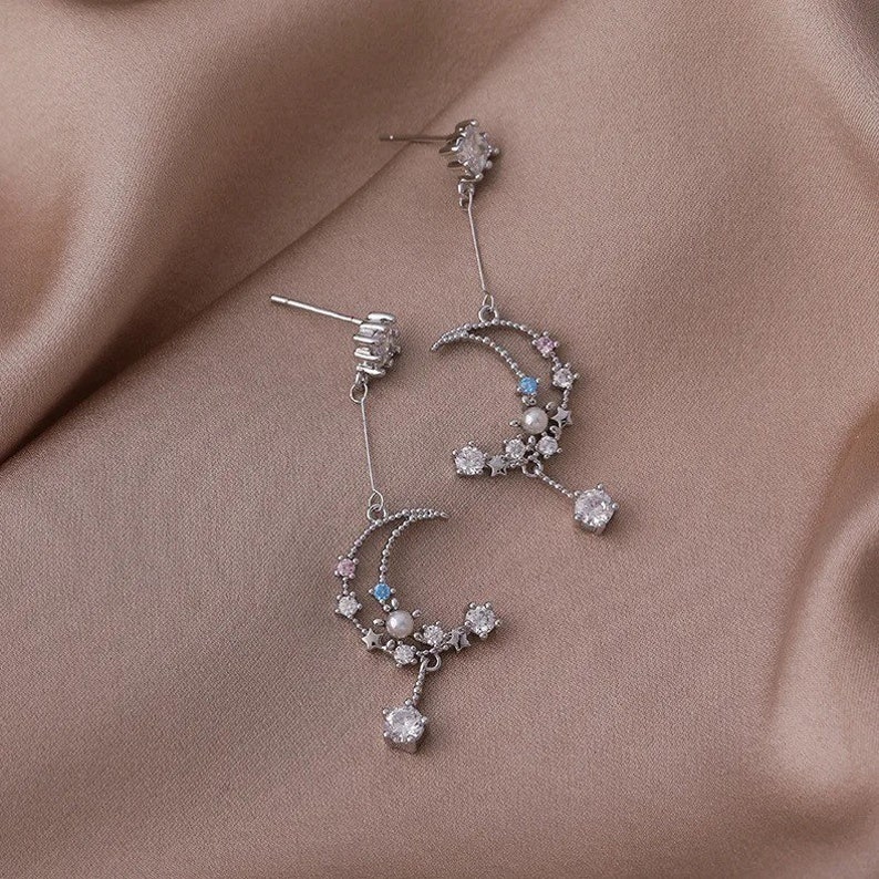 Japanese Style stars and the moon Asymmetrical earrings 925 silver needle sweet dream dangle flower drop earrings image 7