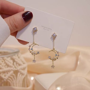 Japanese Style stars and the moon Asymmetrical earrings 925 silver needle sweet dream dangle flower drop earrings