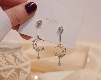 Japanese Style stars and the moon Asymmetrical earrings 925 silver needle sweet dream dangle flower drop earrings