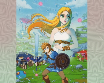 Könnte beinhalten: Eine Fantasy-Illustration mit einer weiblichen Figur mit langen blonden Haaren, die ein weißes Kleid trägt, und einer männlichen Figur mit braunen Haaren, die eine blaue Tunika trägt und ein Schwert hält. Die Figuren stehen auf einem grünen Feld mit blauen Blumen und einem blauen Himmel mit weißen Wolken.