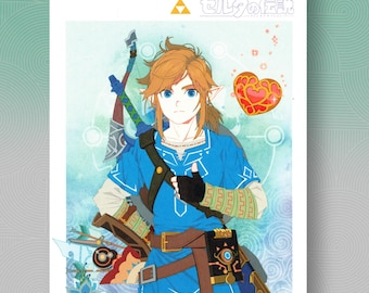 Könnte beinhalten: Eine digitale Illustration von Link aus der Videospielserie The Legend of Zelda. Er trägt seine charakteristische grüne Tunika und hält ein Schwert. Der Hintergrund ist im Aquarellstil mit blauen und weißen Farben gehalten. Der Text "ゼルダの伝説" ist oben im Bild in japanischer Sprache geschrieben.