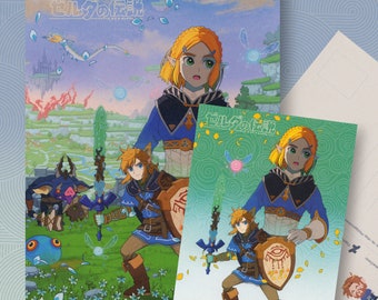 Könnte beinhalten: Zwei Illustrationen von Link aus dem Videospiel The Legend of Zelda: Breath of the Wild. Die erste Illustration zeigt Link mit einem Schwert und einem Schild in einem grünen Feld mit blauen Blumen. Die zweite Illustration zeigt Link mit einem Schwert und einem Schild in einem grünen Feld mit gelben Blumen. Der Text "ゼルダの伝説" ist in japanischer Sprache auf beiden Illustrationen geschrieben.