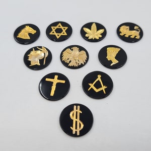 Flache Schwarze Onyx Runde 14 ct Gold Bemalte Edelsteine in 16.5mm (1/10 Kruger), 19.3mm (1/2 Sover) und 22mm (Sovereign) für die Schmuckherstellung