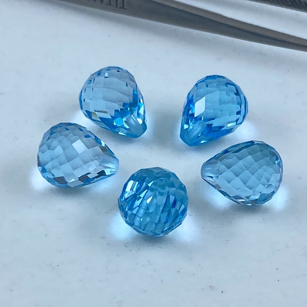 Perles de briolette en forme de larme demi-percées, topaze bleu ciel à facettes en 8 x 5 mm, 9 x 6 mm et 10 x 7 mm pour la fabrication de bijoux