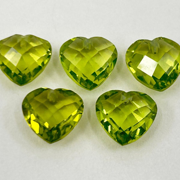 Peridot Double Sided Faceted Checkerboard Heart Shape Loose Gemstones with 1mm Drilled Hole in 6mm, 7mm & 8mm for Jewellery Making