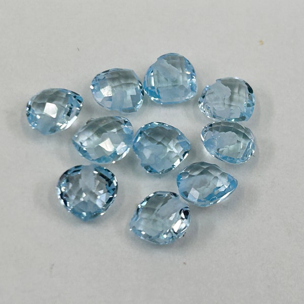 Sky Blue Topaz Double Sided Faceted Checkerboard Heart Shape Loose Gemstones with 1mm Drilled Hole in 6mm for Jewellery Making