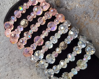 Bracelets en cristal de perles extensibles, Bracelet en verre scintillant fait main, Bracelets de perles rondes et à facettes, Cadeaux pour femme