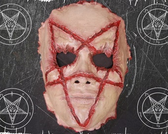 Satanic Pentagram Slasher Skinned Horror Mask,Heavy Metal Death Metal Grindcore Occult 666 Leather face Custom Evil Original