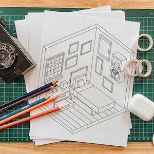 Printable Interior Coloring Page, All Ages Coloring Book, Instant Download, Digital Download, Isometric, Cute Room