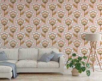 Papel pintado floral estilo boho retro de los años 70: autoadhesivo, fácil de pegar.