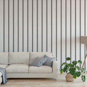 Wallpaper with white large vertical wooden timber slats battens panelling Peel and Stick wallpaper easy to apply