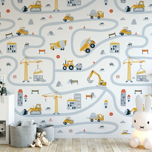 Bob the builder style construction site wallpaper for nursery and kids room.