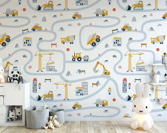 Bob the builder style construction site wallpaper for nursery and kids room.