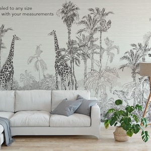 Papier peint mural vintage jungle tropicale aux couleurs douces avec des animaux de safari sauvages papier peint autocollant / papier peint temporaire amovible