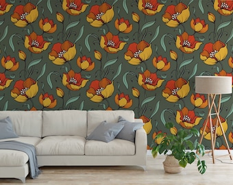 Papel pintado autoadhesivo: Estampado floral retro de los años 70 - Removible y ecológico