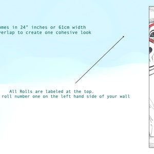 May include: Black and white illustration of three monkeys wearing red glasses. Each roll is 24 inches wide or 61 cm wide and has an overlap to create a cohesive look. All rolls are labelled at the top. Start with roll number one on the left hand side of the wall.