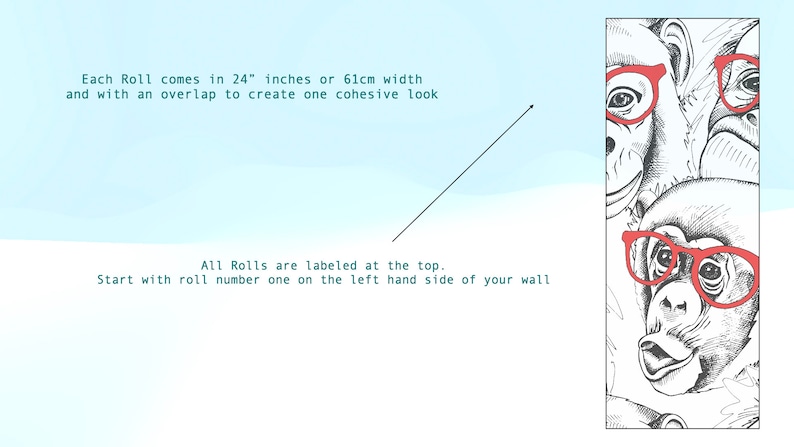 May include: Black and white illustration of three monkeys wearing red glasses. Each roll is 24 inches wide or 61 cm wide and has an overlap to create a cohesive look. All rolls are labelled at the top. Start with roll number one on the left hand side of the wall.