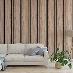 Wallpaper with large vertical wooden timber slats battens panelling Peel and Stick