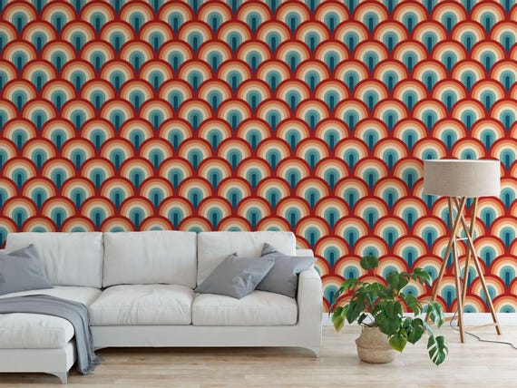 Peel and Stick Wallpaper: Retro 70s Rainbow - Eco Friendly, Removable
