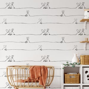 Lijnkunst konijn kinderkamerbehang - Peel and Stick, verwijderbare panelen