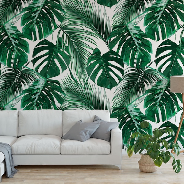 Papel pintado autoadhesivo con estampado de hojas de monstera - Tropical, paneles removibles