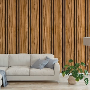 Wallpaper with vertical wooden large timber slats battens panelling Peel and Stick
