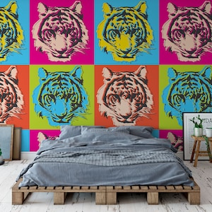 Cool Pop Art Tiger Peel and stick Wallpaper Peel and Stick Wallpaper / removable temporary Wallpaper