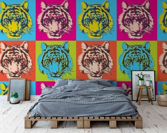 Papel pintado Pop Art Tiger: Un llamativo detalle decorativo para la pared con temática de la jungla (autoadhesivo)