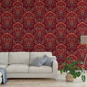 Traditionelle Paisley Peel and Stick Wallpaper rot-orange Stoff Tapete zum Aufkleben und Abziehen